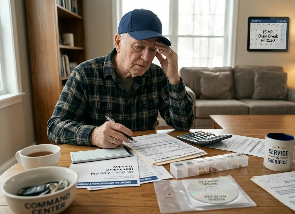 Navy veteran, similar to image_0.png, image_2.png, image_4.png, and image_6.png, experiencing chemo brain frustration while trying to pay monthly bills and missing keys from his 'Command Center' bowl.