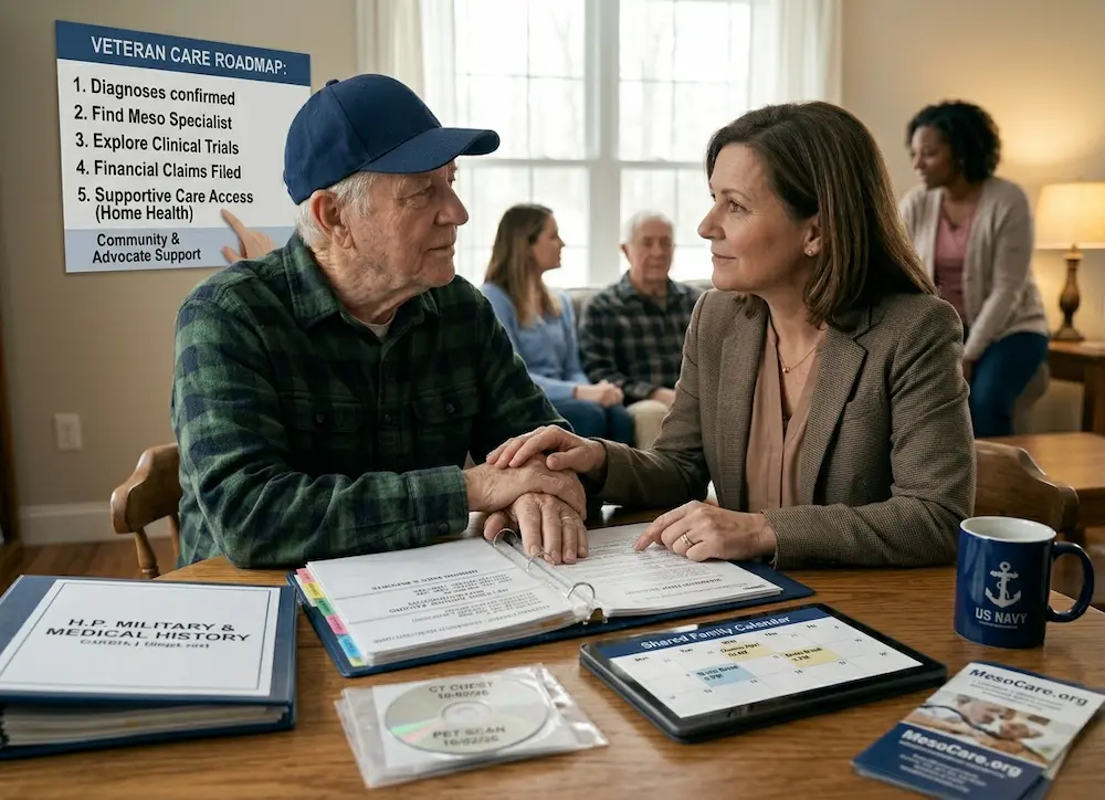 Supportive Navy veteran, similar to image_0.png, image_2.png, image_4.png, image_6.png, and image_8.png, experiencing clarity and relief as a Patient Advocate helps him map his Meso Care Roadmap at home.