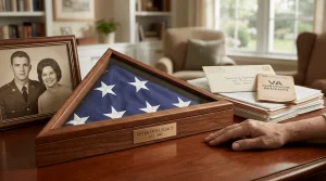 A display case with a folded flag, a framed veteran photo, and a VA benefits pamphlet.