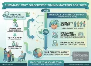 A MesoCare.org infographic timeline titled 'SUMMARY: WHY DIAGNOSTIC TIMING MATTERS FOR 2026', outlining the steps from preparing in 2025 by confirming a diagnosis to unlocking support in 2026. The graphic visualizes paths for community support, specialized medical care, and financial aid and grants.