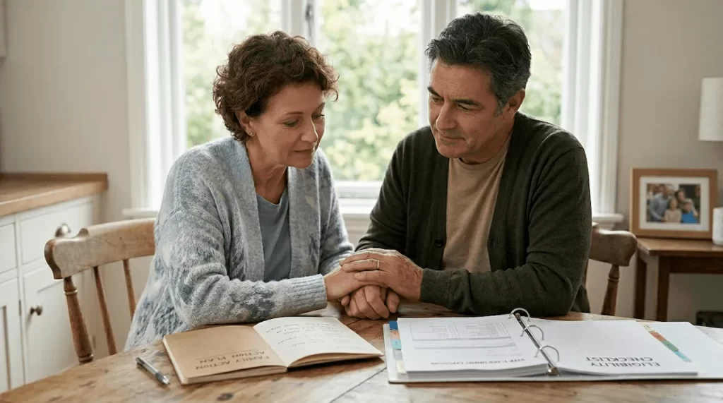A concerned couple sitting at a table reviewing an asbestos exposure history log and eligibility checklist.