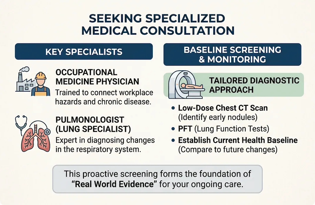 Infographic showing the importance of seeing an occupational medicine physician and pulmonologist for asbestos baseline screenings.