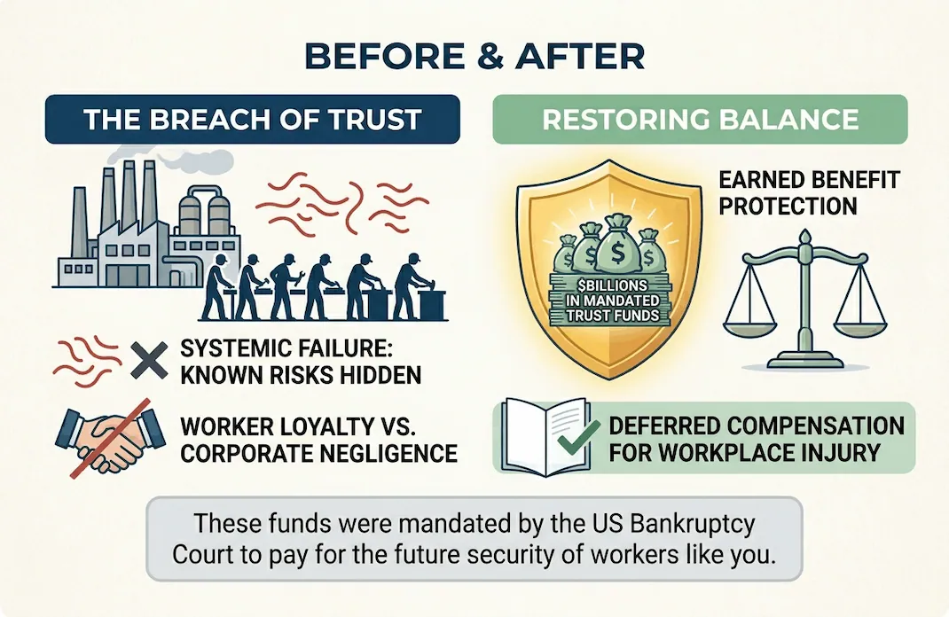 Infographic comparing corporate negligence and the breach of trust to the restoration of balance through mandated asbestos trust funds.
