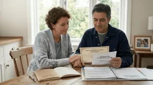 A veteran industrial worker and his wife proudly reviewing union apprenticeship papers and a VA eligibility letter at their kitchen table.