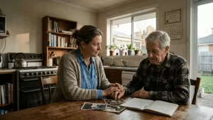 A caregiver holding hands with an elderly man over a notebook, discussing risks of environmental asbestos exposure.