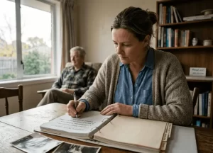 A caregiver organizes medical records and environmental asbestos exposure checklists to take immediate action for her family's future.