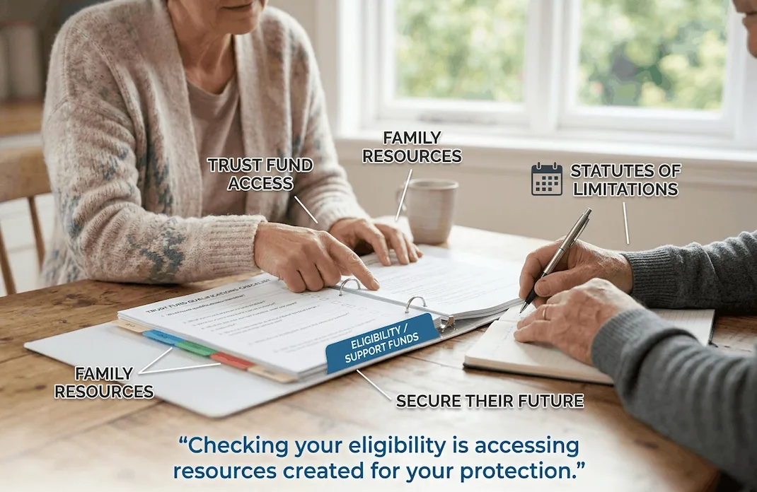 Caregiver and patient reviewing an organized binder labeled 'Eligibility / Support Funds' to access mesothelioma financial resources.
