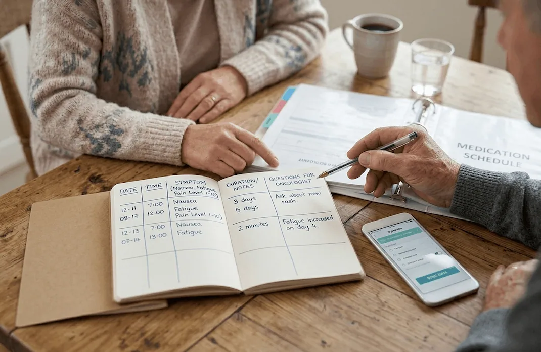 Caregiver and patient reviewing a simple notebook with a daily symptom log to track mesothelioma treatment side effects.