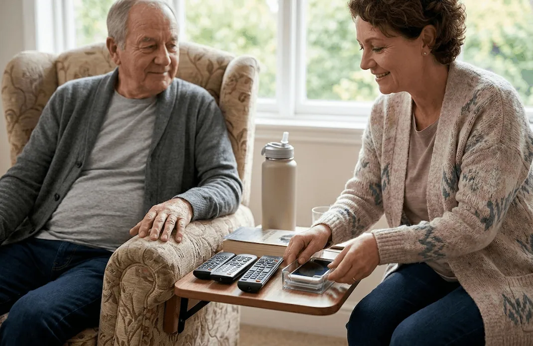 Caregiver organizing a home reach zone with water and remotes to manage mesothelioma treatment side effects.