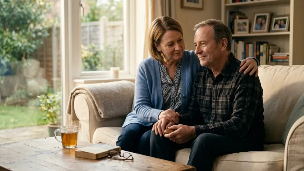 An empathetic caregiver holding hands with a smiling patient during a mesothelioma diagnosis mental health challenge.