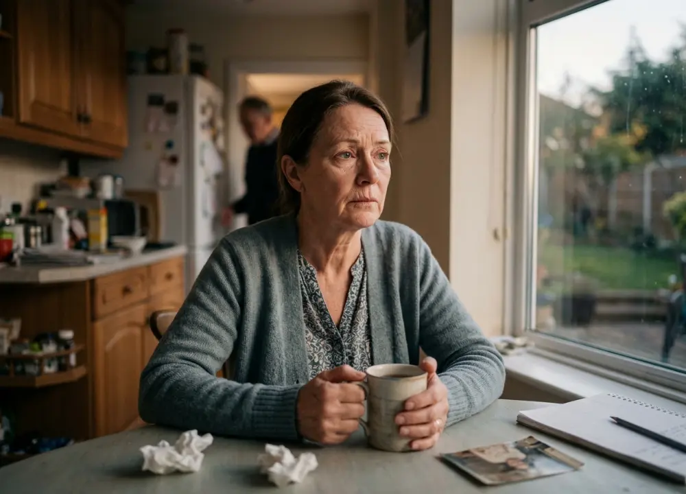 A woman coping with her mental health looking out a window after a mesothelioma diagnosis.