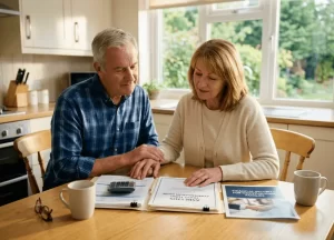 A couple reviewing an asbestos trust fund guide to support their mesothelioma diagnosis mental health.