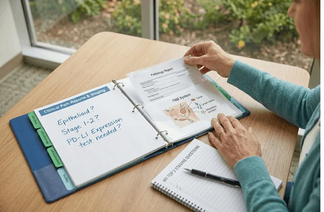 An open MesoCare Home Binder next to a notebook with questions about staging and specific mesothelioma cell types.