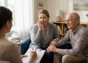 A comforting therapy session with an oncology counselor supporting a woman overcome with emotion while her aging husband holds her hand; part of the MesoCare mesothelioma support kit for families.