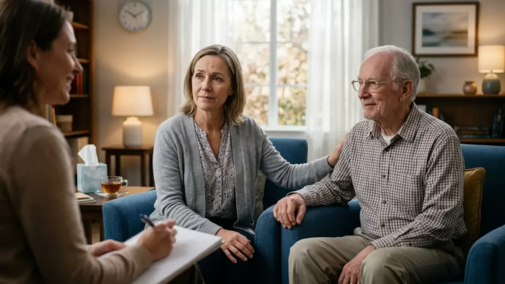 A warm, compassionate therapy session with an oncology counselor supporting a senior patient and his wife; a key part of the MesoCare mesothelioma support kit for families.