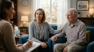 A warm, compassionate therapy session with an oncology counselor supporting a senior patient and his wife; a key part of the MesoCare mesothelioma support kit for families.