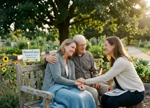 A positive and hopeful therapy session in a community garden, offering connection to a smiling caregiver and patient; a resource in the MesoCare mesothelioma support kit for families.