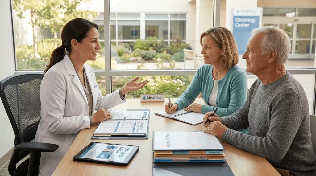 An empowered mesothelioma caregiver and patient discussing treatment options with an oncologist in 2026.