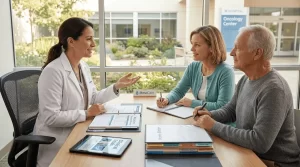 An empowered mesothelioma caregiver and patient discussing treatment options with an oncologist in 2026.