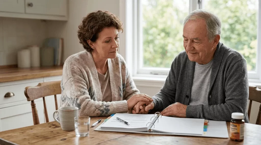 Caregiver helping mesothelioma patient manage treatment side effects at home.