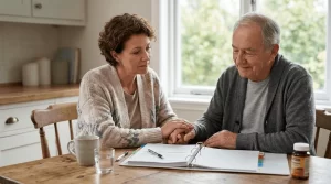 Caregiver helping mesothelioma patient manage treatment side effects at home.