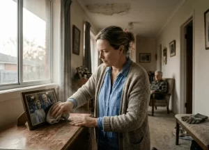 A woman dusting a picture frame as particles float in the air, representing non-occupational and environmental asbestos exposure risk.